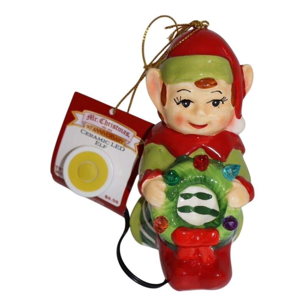 Mr. Christmas 90th Anniversary LED ELF Light Up Ceramic Ornament Works New